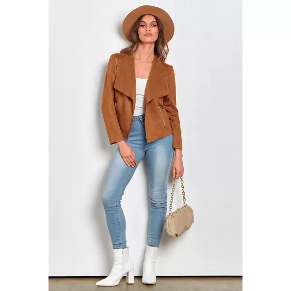 imagePRETTYGARDEN Womens Faux Suede Jackets 2023 Fall Clothes Long Sleeve Open Front Cropped Coat OutwearBrown