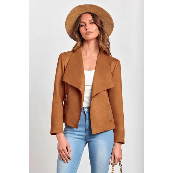 imagePRETTYGARDEN Womens Faux Suede Jackets 2023 Fall Clothes Long Sleeve Open Front Cropped Coat OutwearBrown