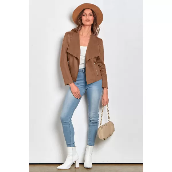 imagePRETTYGARDEN Womens Faux Suede Jackets 2023 Fall Clothes Long Sleeve Open Front Cropped Coat OutwearCamel
