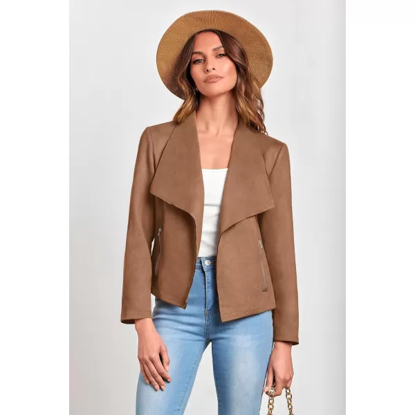 imagePRETTYGARDEN Womens Faux Suede Jackets 2023 Fall Clothes Long Sleeve Open Front Cropped Coat OutwearCamel
