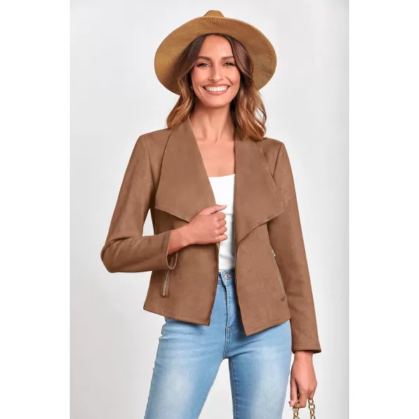 imagePRETTYGARDEN Womens Faux Suede Jackets 2023 Fall Clothes Long Sleeve Open Front Cropped Coat OutwearCamel