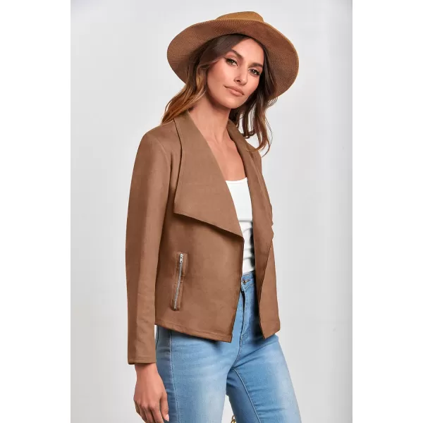 imagePRETTYGARDEN Womens Faux Suede Jackets 2023 Fall Clothes Long Sleeve Open Front Cropped Coat OutwearCamel