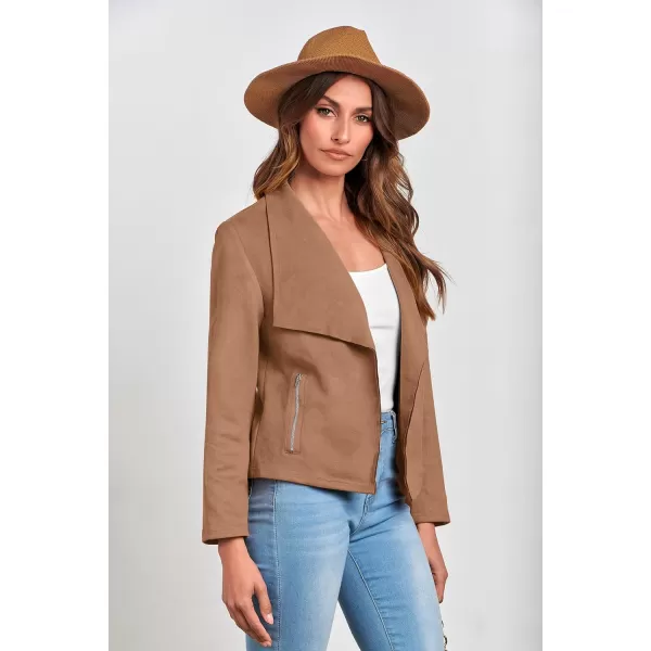 imagePRETTYGARDEN Womens Faux Suede Jackets 2023 Fall Clothes Long Sleeve Open Front Cropped Coat OutwearCamel
