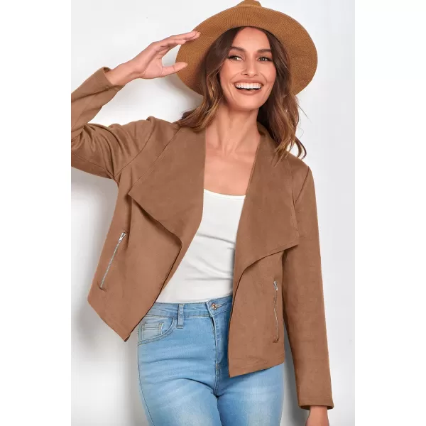 imagePRETTYGARDEN Womens Faux Suede Jackets 2023 Fall Clothes Long Sleeve Open Front Cropped Coat OutwearCamel