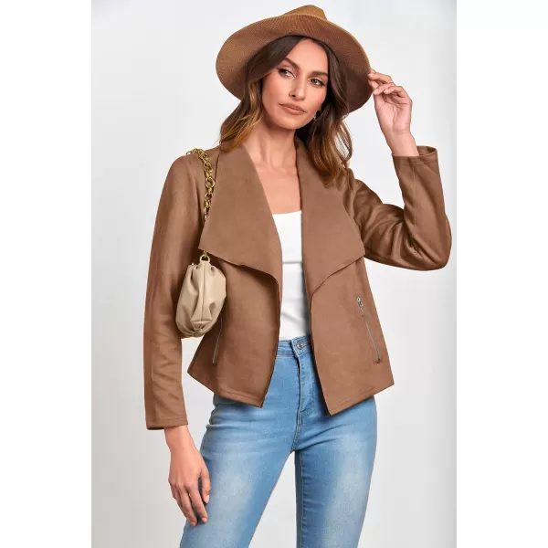 imagePRETTYGARDEN Womens Faux Suede Jackets 2023 Fall Clothes Long Sleeve Open Front Cropped Coat OutwearCamel