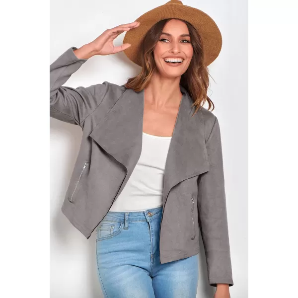 imagePRETTYGARDEN Womens Faux Suede Jackets 2023 Fall Clothes Long Sleeve Open Front Cropped Coat OutwearGrey