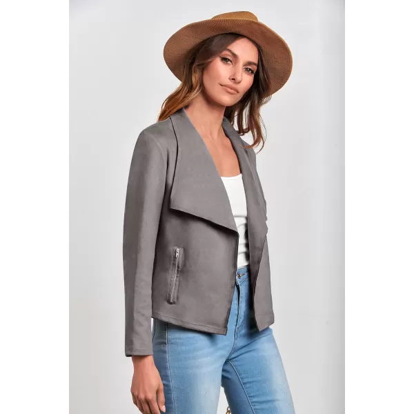 imagePRETTYGARDEN Womens Faux Suede Jackets 2023 Fall Clothes Long Sleeve Open Front Cropped Coat OutwearGrey