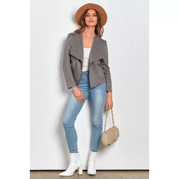 imagePRETTYGARDEN Womens Faux Suede Jackets 2023 Fall Clothes Long Sleeve Open Front Cropped Coat OutwearGrey