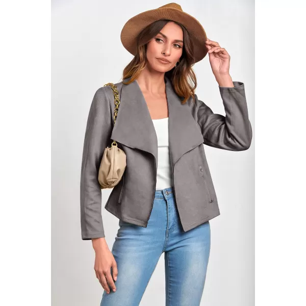 imagePRETTYGARDEN Womens Faux Suede Jackets 2023 Fall Clothes Long Sleeve Open Front Cropped Coat OutwearGrey