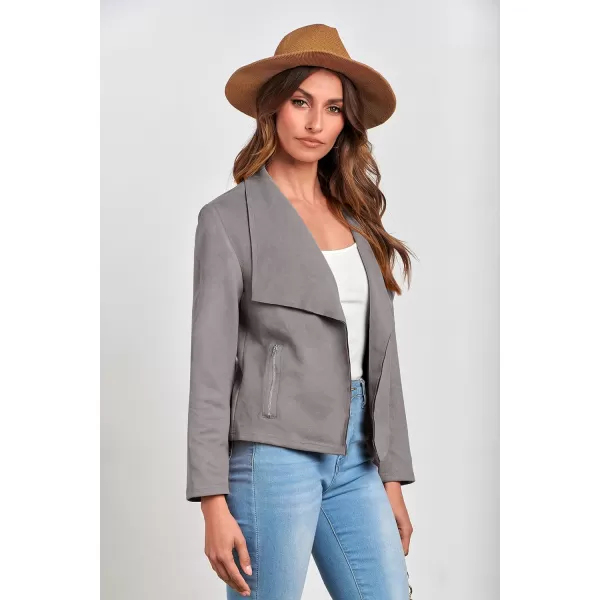 imagePRETTYGARDEN Womens Faux Suede Jackets 2023 Fall Clothes Long Sleeve Open Front Cropped Coat OutwearGrey