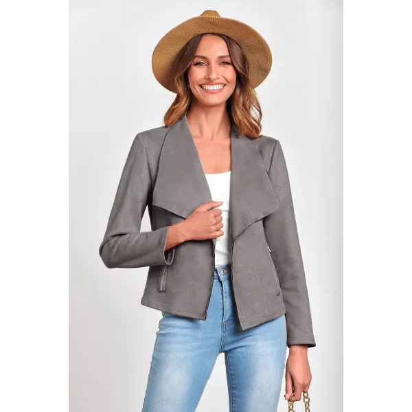 imagePRETTYGARDEN Womens Faux Suede Jackets 2023 Fall Clothes Long Sleeve Open Front Cropped Coat OutwearGrey