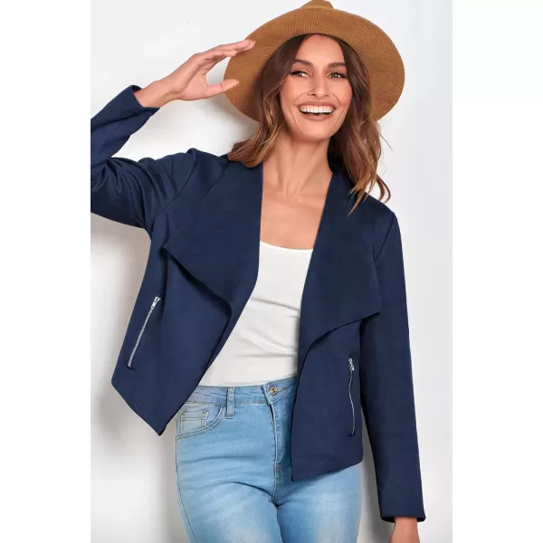 imagePRETTYGARDEN Womens Faux Suede Jackets 2023 Fall Clothes Long Sleeve Open Front Cropped Coat OutwearNavy