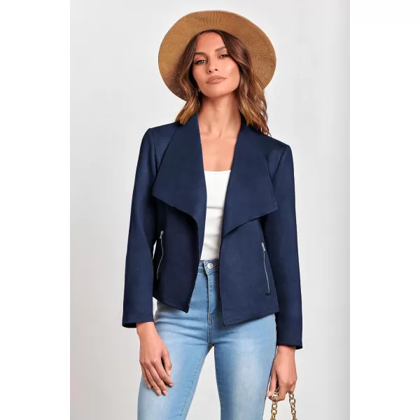 imagePRETTYGARDEN Womens Faux Suede Jackets 2023 Fall Clothes Long Sleeve Open Front Cropped Coat OutwearNavy
