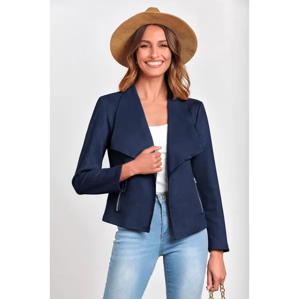 imagePRETTYGARDEN Womens Faux Suede Jackets 2023 Fall Clothes Long Sleeve Open Front Cropped Coat OutwearNavy