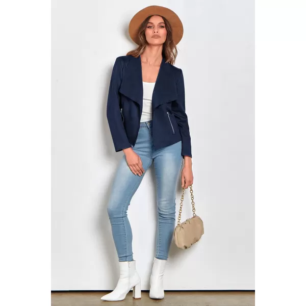 imagePRETTYGARDEN Womens Faux Suede Jackets 2023 Fall Clothes Long Sleeve Open Front Cropped Coat OutwearNavy