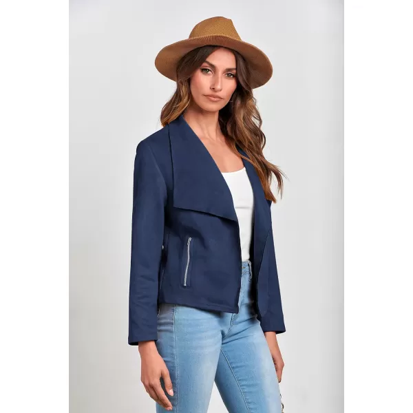 imagePRETTYGARDEN Womens Faux Suede Jackets 2023 Fall Clothes Long Sleeve Open Front Cropped Coat OutwearNavy