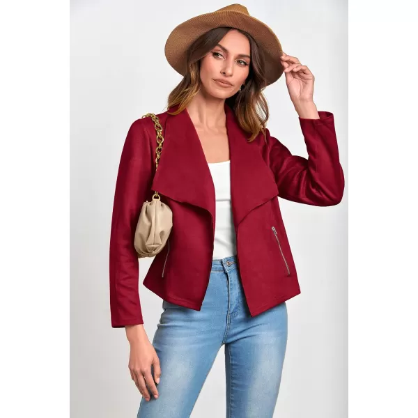 imagePRETTYGARDEN Womens Faux Suede Jackets 2023 Fall Clothes Long Sleeve Open Front Cropped Coat OutwearRed