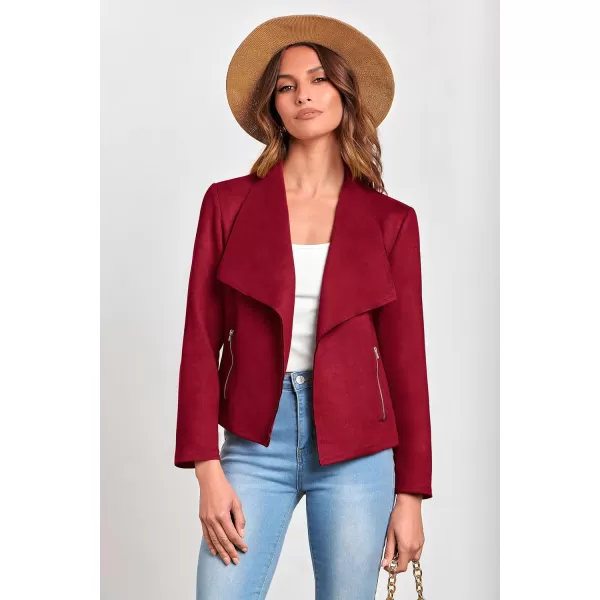 imagePRETTYGARDEN Womens Faux Suede Jackets 2023 Fall Clothes Long Sleeve Open Front Cropped Coat OutwearRed