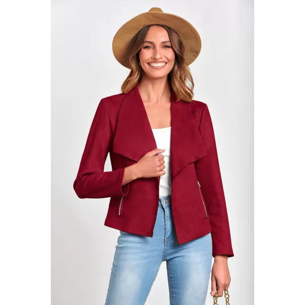 imagePRETTYGARDEN Womens Faux Suede Jackets 2023 Fall Clothes Long Sleeve Open Front Cropped Coat OutwearRed
