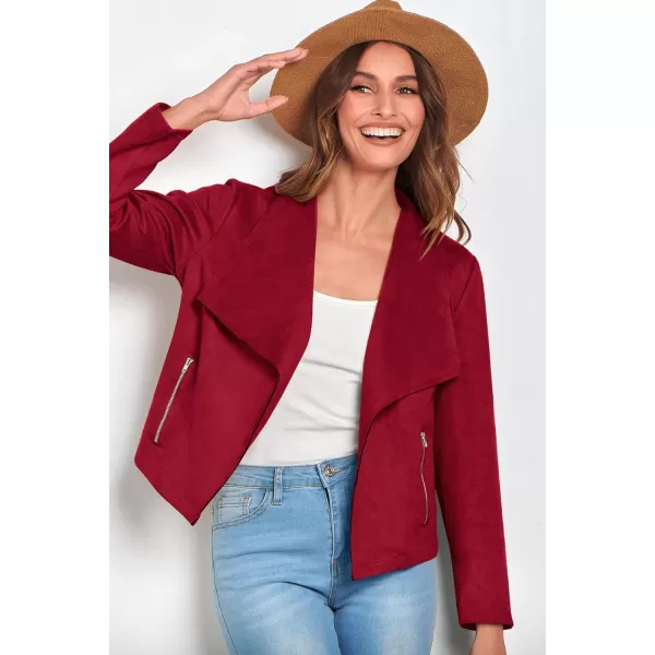 imagePRETTYGARDEN Womens Faux Suede Jackets 2023 Fall Clothes Long Sleeve Open Front Cropped Coat OutwearRed