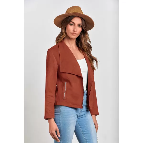 imagePRETTYGARDEN Womens Faux Suede Jackets 2023 Fall Clothes Long Sleeve Open Front Cropped Coat OutwearRust Red
