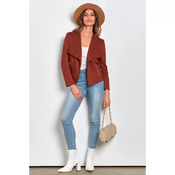 imagePRETTYGARDEN Womens Faux Suede Jackets 2023 Fall Clothes Long Sleeve Open Front Cropped Coat OutwearRust Red