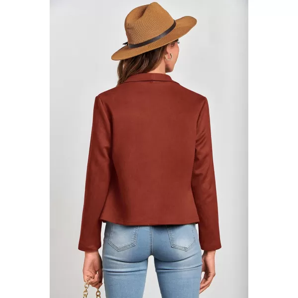 imagePRETTYGARDEN Womens Faux Suede Jackets 2023 Fall Clothes Long Sleeve Open Front Cropped Coat OutwearRust Red