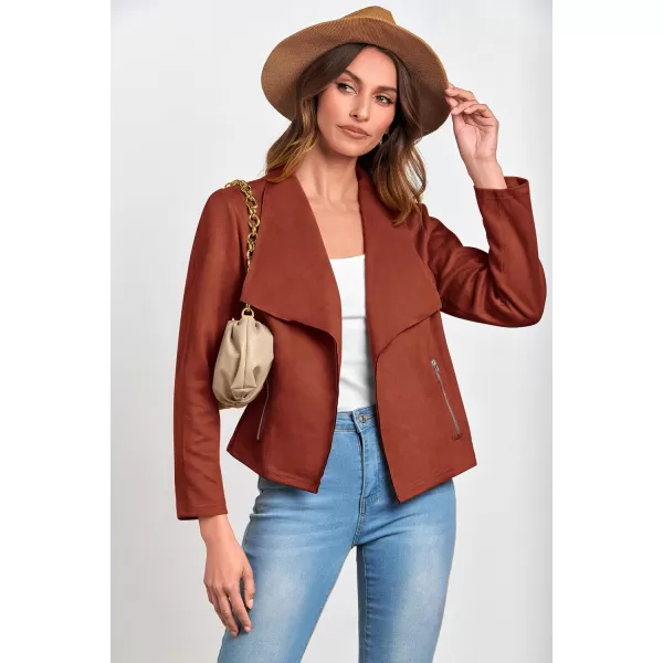 imagePRETTYGARDEN Womens Faux Suede Jackets 2023 Fall Clothes Long Sleeve Open Front Cropped Coat OutwearRust Red