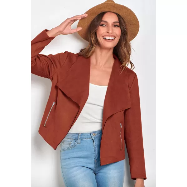 imagePRETTYGARDEN Womens Faux Suede Jackets 2023 Fall Clothes Long Sleeve Open Front Cropped Coat OutwearRust Red