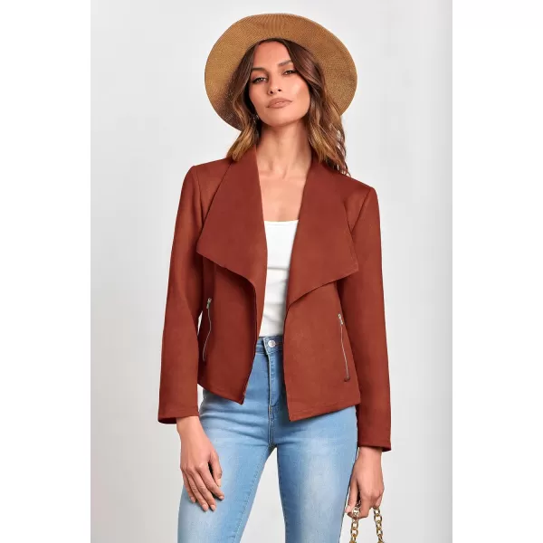 imagePRETTYGARDEN Womens Faux Suede Jackets 2023 Fall Clothes Long Sleeve Open Front Cropped Coat OutwearRust Red