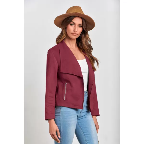 imagePRETTYGARDEN Womens Faux Suede Jackets 2023 Fall Clothes Long Sleeve Open Front Cropped Coat OutwearWine Red