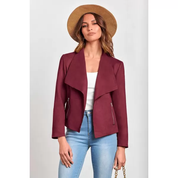 imagePRETTYGARDEN Womens Faux Suede Jackets 2023 Fall Clothes Long Sleeve Open Front Cropped Coat OutwearWine Red