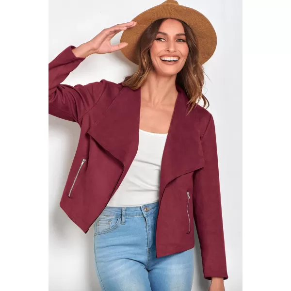 imagePRETTYGARDEN Womens Faux Suede Jackets 2023 Fall Clothes Long Sleeve Open Front Cropped Coat OutwearWine Red
