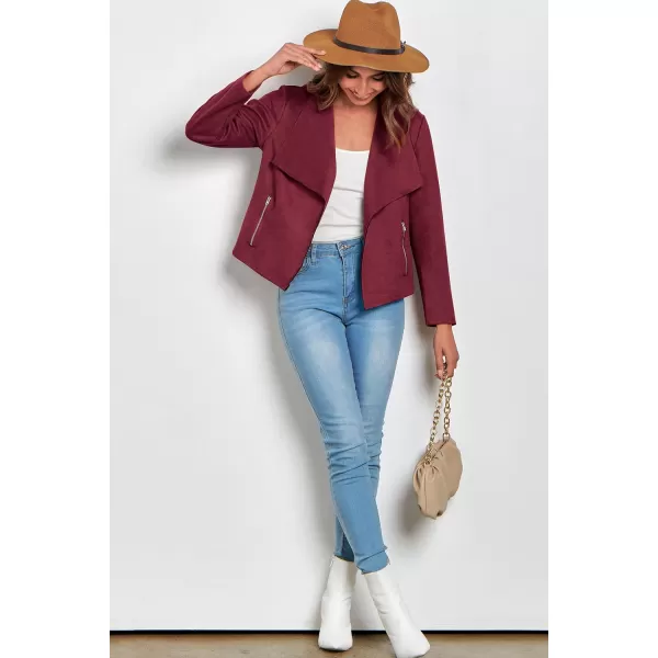 imagePRETTYGARDEN Womens Faux Suede Jackets 2023 Fall Clothes Long Sleeve Open Front Cropped Coat OutwearWine Red