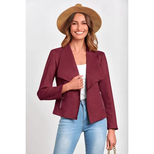 imagePRETTYGARDEN Womens Faux Suede Jackets 2023 Fall Clothes Long Sleeve Open Front Cropped Coat OutwearWine Red
