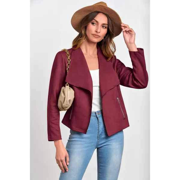 imagePRETTYGARDEN Womens Faux Suede Jackets 2023 Fall Clothes Long Sleeve Open Front Cropped Coat OutwearWine Red