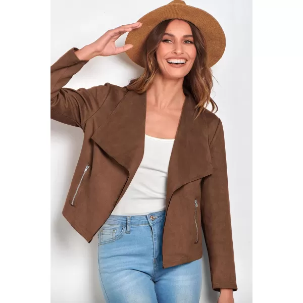 imagePRETTYGARDEN Womens Faux Suede Jackets 2024 Fall Clothes Long Sleeve Open Front Cropped Coat OutwearCoffee