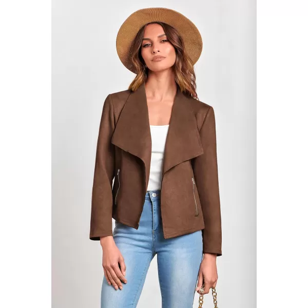 imagePRETTYGARDEN Womens Faux Suede Jackets 2024 Fall Clothes Long Sleeve Open Front Cropped Coat OutwearCoffee