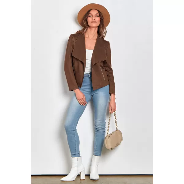 imagePRETTYGARDEN Womens Faux Suede Jackets 2024 Fall Clothes Long Sleeve Open Front Cropped Coat OutwearCoffee