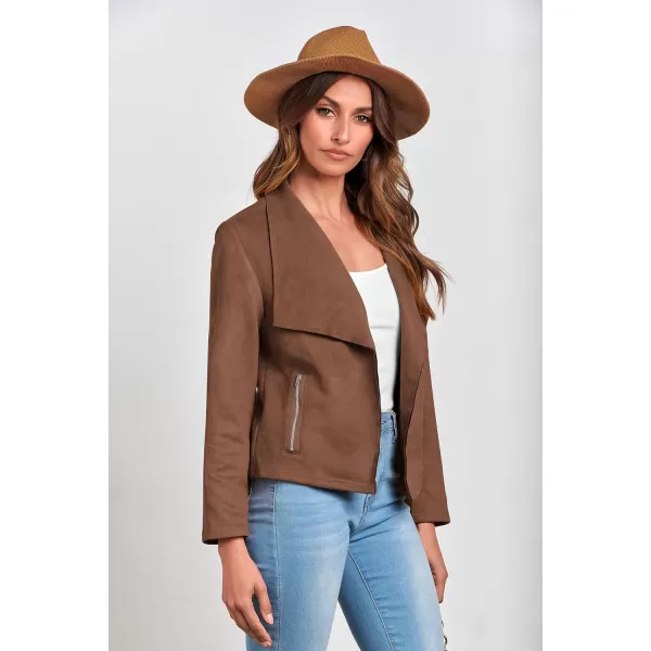 imagePRETTYGARDEN Womens Faux Suede Jackets 2024 Fall Clothes Long Sleeve Open Front Cropped Coat OutwearCoffee