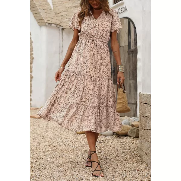 imagePRETTYGARDEN Womens Floral Boho Dress Casual Short Sleeve V Neck Ruffle Tiered 2023 Summer Swing Maxi DressesApricot