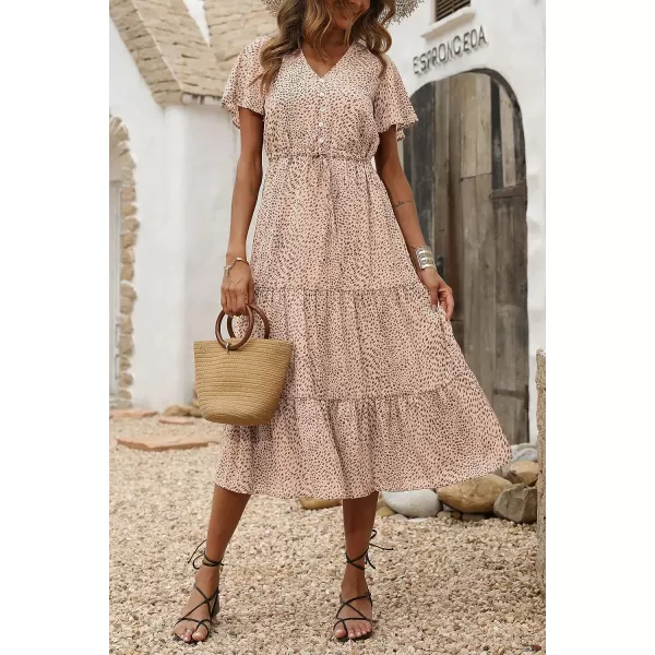 imagePRETTYGARDEN Womens Floral Boho Dress Casual Short Sleeve V Neck Ruffle Tiered 2023 Summer Swing Maxi DressesApricot