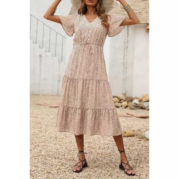 imagePRETTYGARDEN Womens Floral Boho Dress Casual Short Sleeve V Neck Ruffle Tiered 2023 Summer Swing Maxi DressesApricot