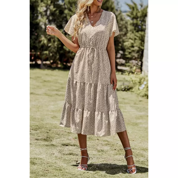 imagePRETTYGARDEN Womens Floral Boho Dress Casual Short Sleeve V Neck Ruffle Tiered 2023 Summer Swing Maxi DressesApricot Leopard