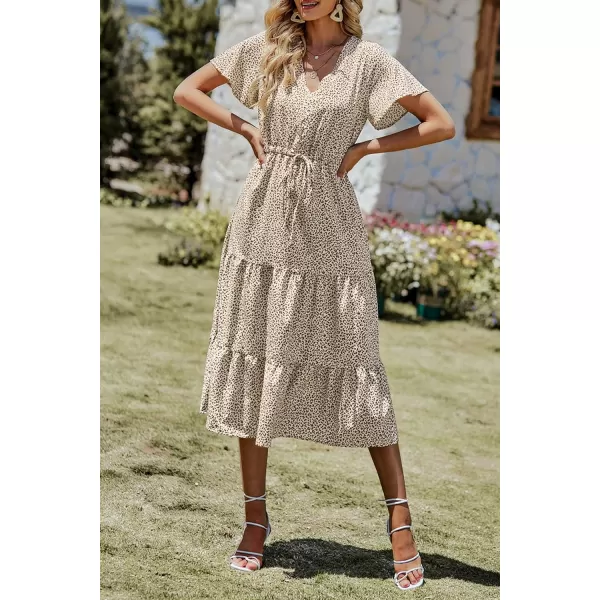 imagePRETTYGARDEN Womens Floral Boho Dress Casual Short Sleeve V Neck Ruffle Tiered 2023 Summer Swing Maxi DressesApricot Leopard