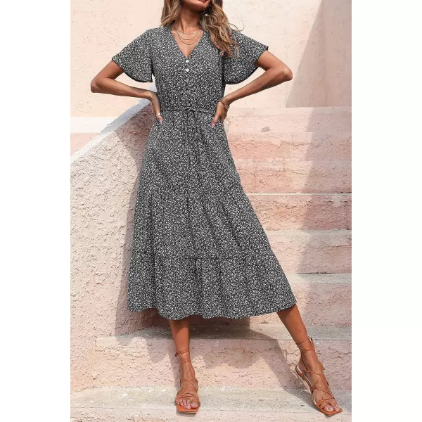 imagePRETTYGARDEN Womens Floral Boho Dress Casual Short Sleeve V Neck Ruffle Tiered 2023 Summer Swing Maxi DressesBlack Floral