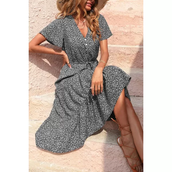 imagePRETTYGARDEN Womens Floral Boho Dress Casual Short Sleeve V Neck Ruffle Tiered 2023 Summer Swing Maxi DressesBlack Floral