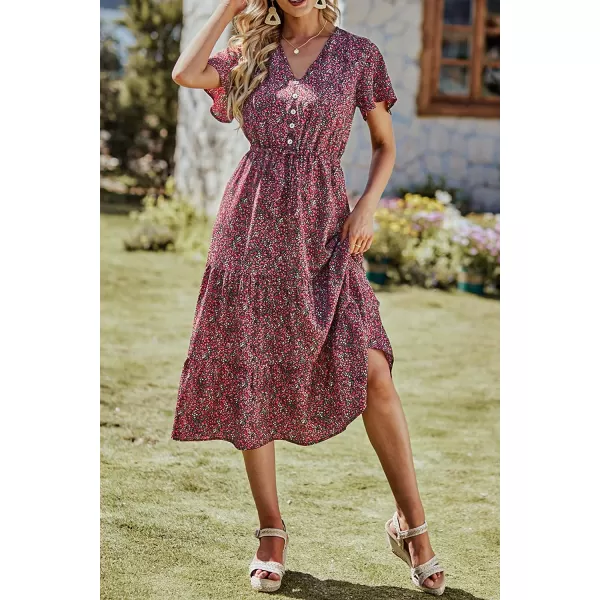 imagePRETTYGARDEN Womens Floral Boho Dress Casual Short Sleeve V Neck Ruffle Tiered 2023 Summer Swing Maxi DressesBlack Red Floral
