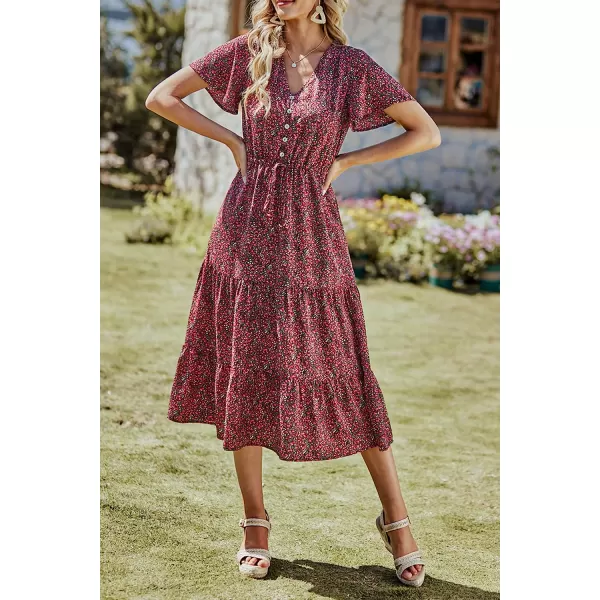 imagePRETTYGARDEN Womens Floral Boho Dress Casual Short Sleeve V Neck Ruffle Tiered 2023 Summer Swing Maxi DressesBlack Red Floral