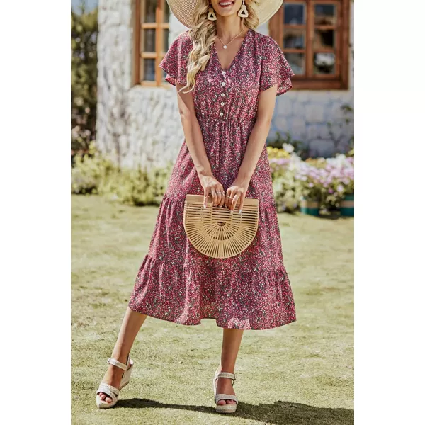 imagePRETTYGARDEN Womens Floral Boho Dress Casual Short Sleeve V Neck Ruffle Tiered 2023 Summer Swing Maxi DressesBlack Red Floral